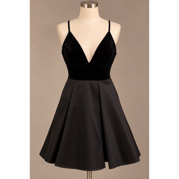 Camille La Vie Dresses & Skirts - Camille La Vie Black Velvet Satin Cocktail Dress S Fit Flare Plunge V Neck